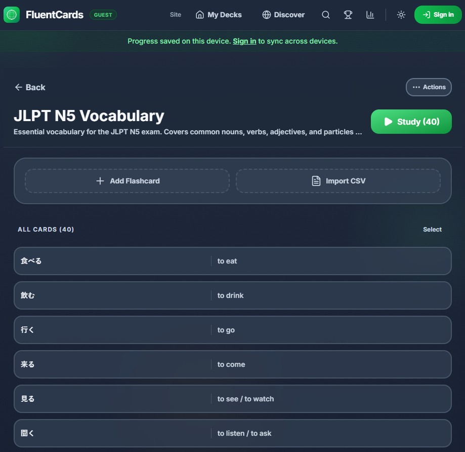 FluentCards flashcard app showing vocabulary decks and study interface